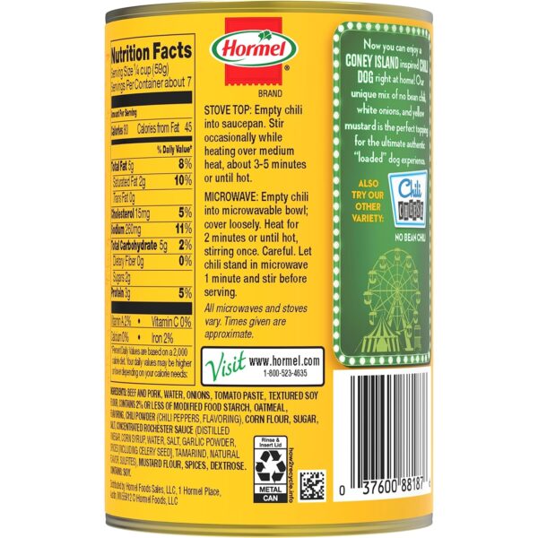 HORMEL Chili Coney Island Inspired No Bean, No Artificial Ingredients, 15 Oz, 12 Pack - Image 2